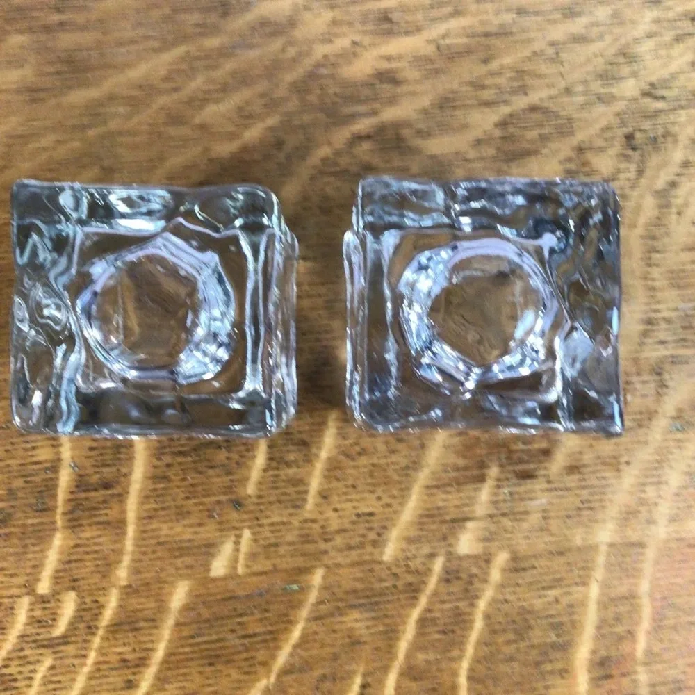 Heavy Clear Glass Square Candle Holder Pair